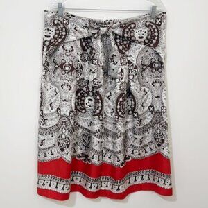 Talbots Red & Brown Silk A-Line Pleated Tie Midi Boho Skirt Women's Size 12